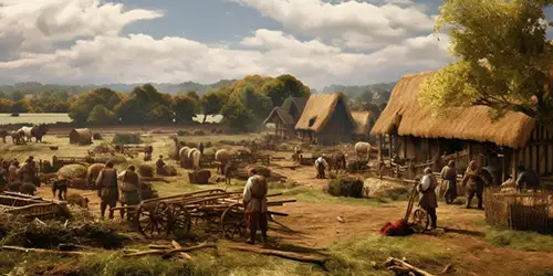 An image of a community working in their village with animals, carts and thatched roof buildings.